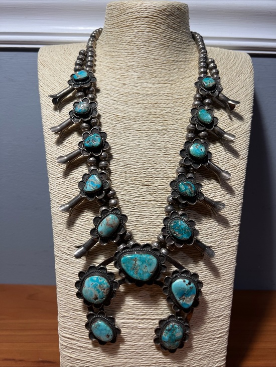 Navajo Jewelry - Vintage 60s Navajo Bisbee Turquoise .925 Silver Squash Blossom 24”Necklace 220g